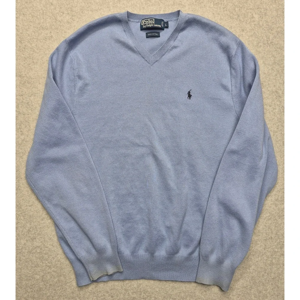 Polo Ralph Lauren Mens V-Neck Sweater Blue 100% Cotton Pony Logo Large